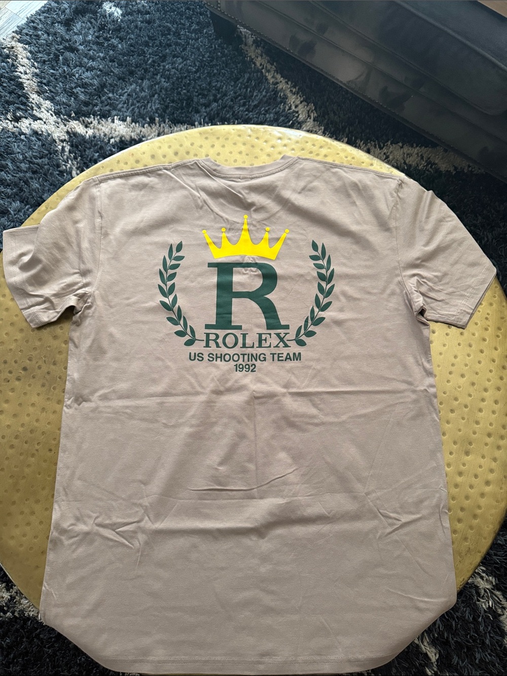 Rolex Beige Short-Sleeve Tee with Green & Yellow Logo
